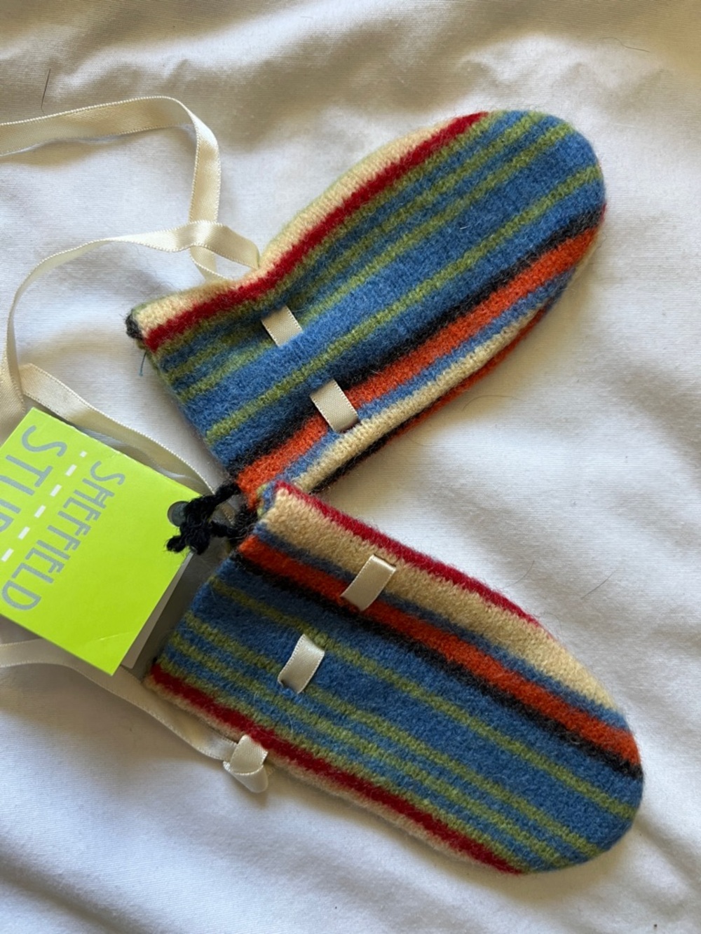 Source Unknown Kids Mittens Blue, Green, Orange, Red, Cream Stripes